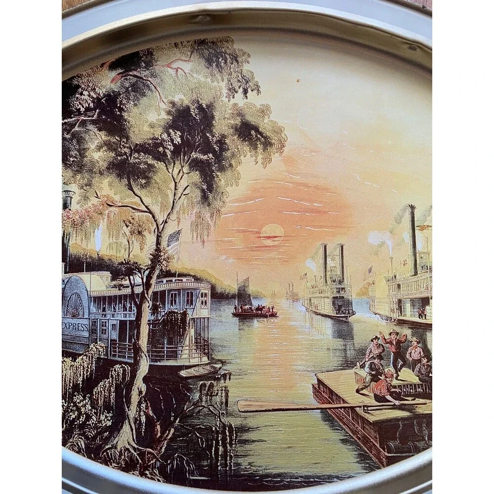 Currier and Ives Metal Serving Tray Mississippi 1965 1966 (set of 2) VTG Display